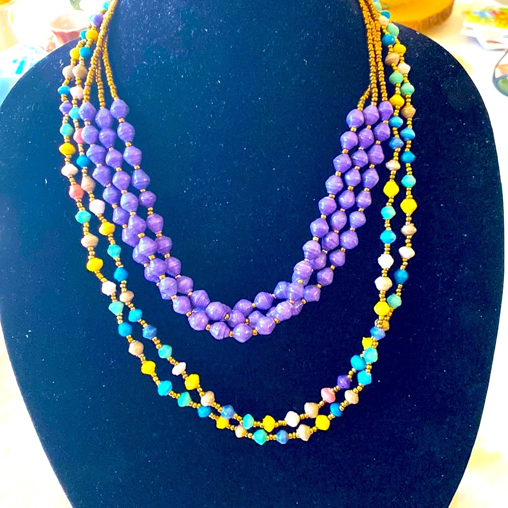 2 unusual multi colored African paper beaded necklaces.